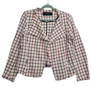 Zara Basic White Red Tweed Cropped Fringed Blazer Preppy Zip Pockets Size M